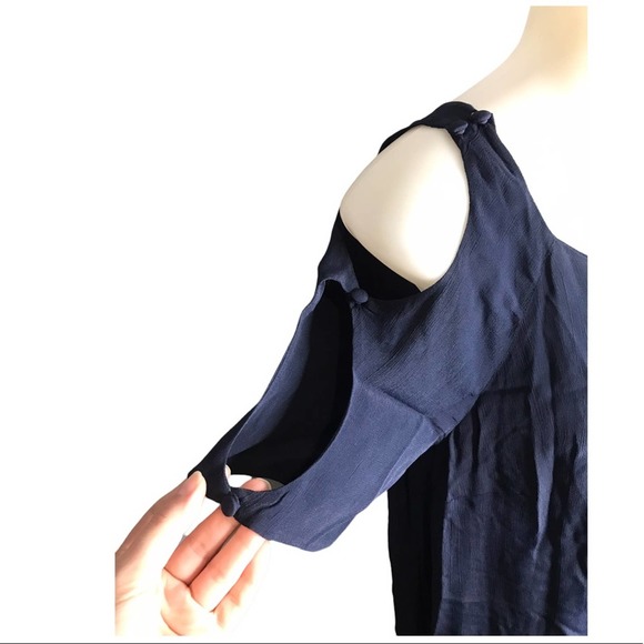 Maple | Navy Blue Shift Dress Cold Shoulder w/ Button Detail Short Sleeves - Picture 3 of 7